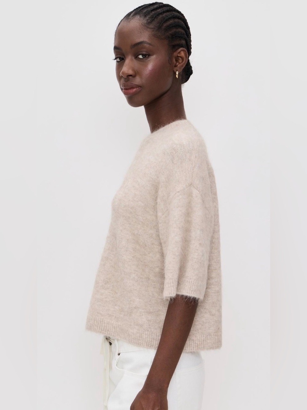 Gianni Bini Cream Short Sleeve Cropped Knit Sweater Puff Sleeve Size Large
